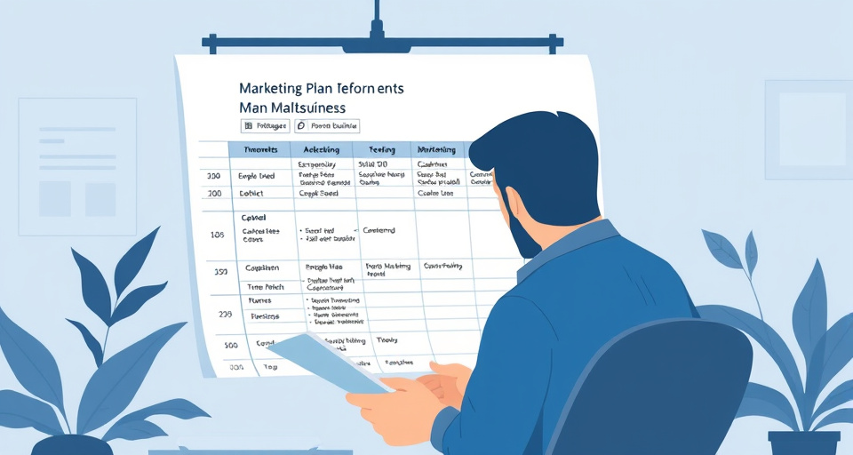 Business owner with notebook and spreadsheet planning marketing channels before choosing tools
