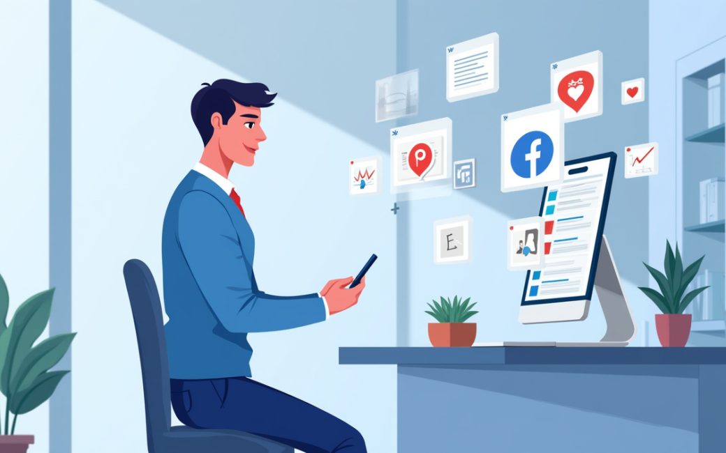 Small business owner juggling social media presence across multiple channels on their phone and computer