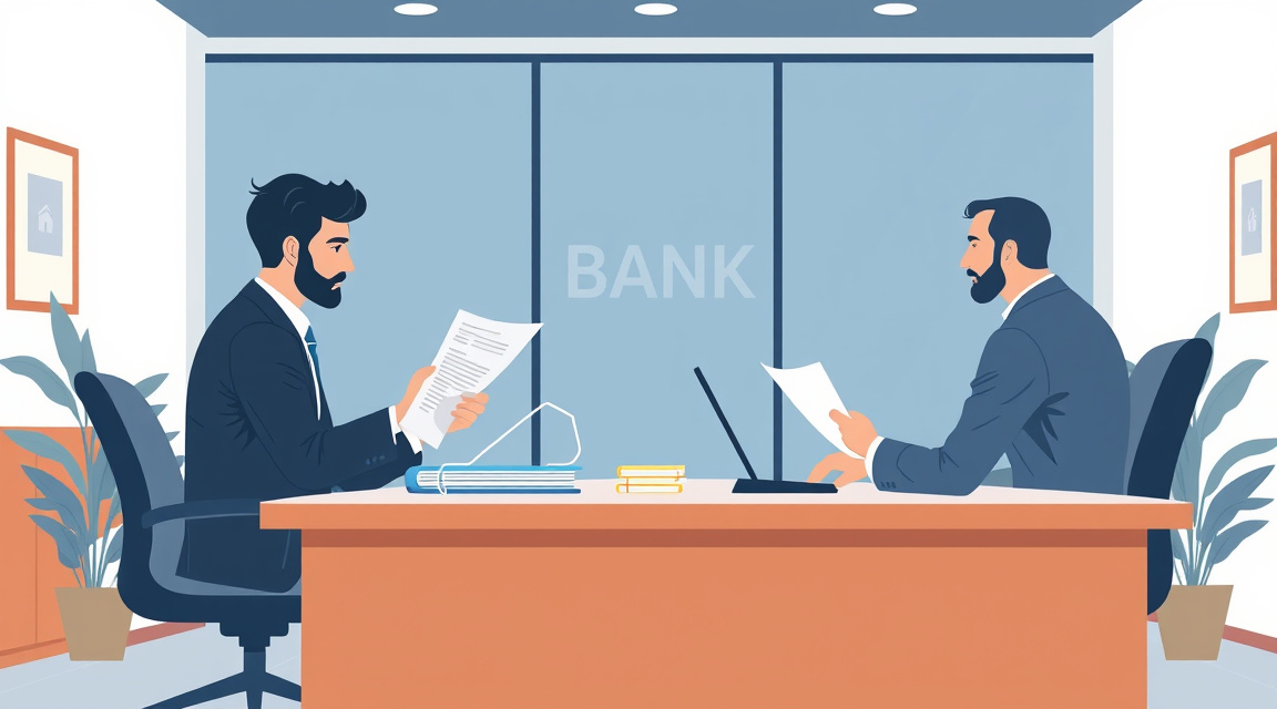 A startup founder discusses a business plan with a loan officer at a bank.
