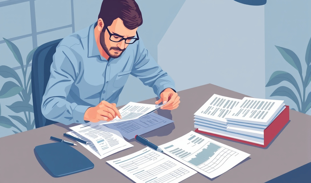 A self-employed person arranges tax returns and financial statements for a loan application.