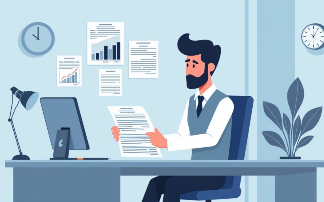 A business owner reviews loan paperwork and financial documents at a desk.