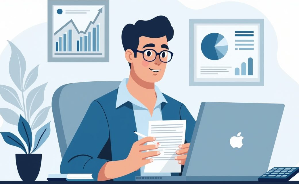 Entrepreneur planning a small business with laptop, spreadsheet, notepad, and calculator on desk